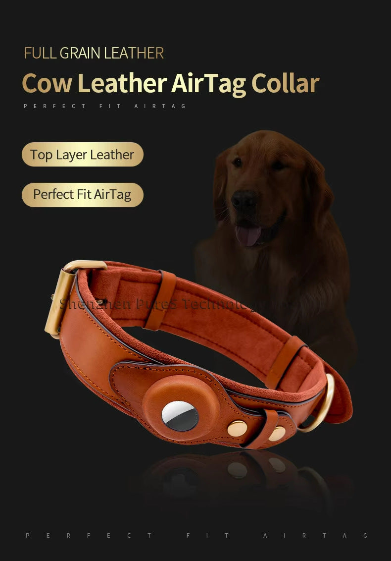 Pet dog positioning collar, leather protective sleeve collar, compatible with airTag, anti loss collar